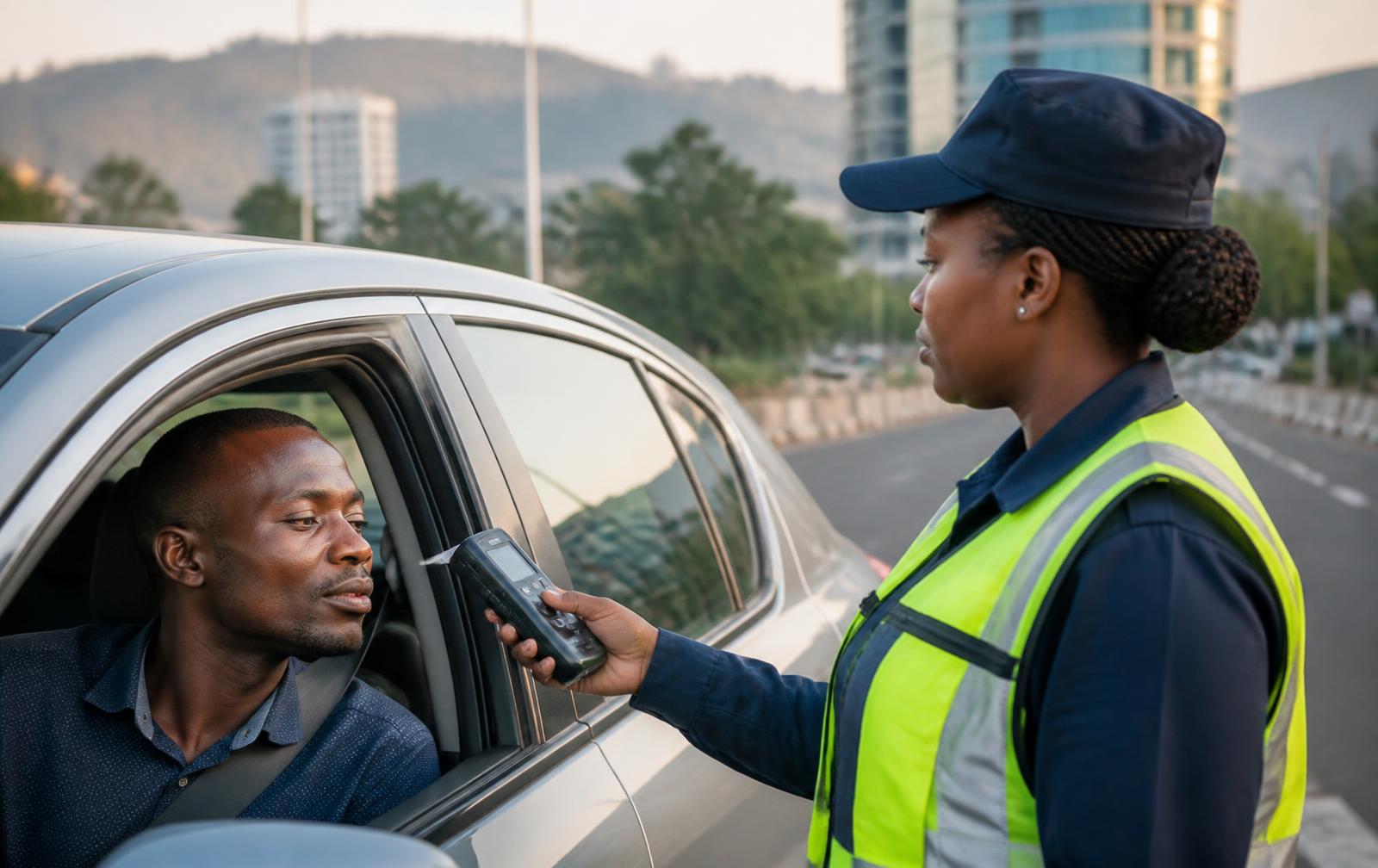 Rwandan road safety officer in Kigali screening a driver with a handheld breathalyzer held near the mouth — non-contact passive testing
